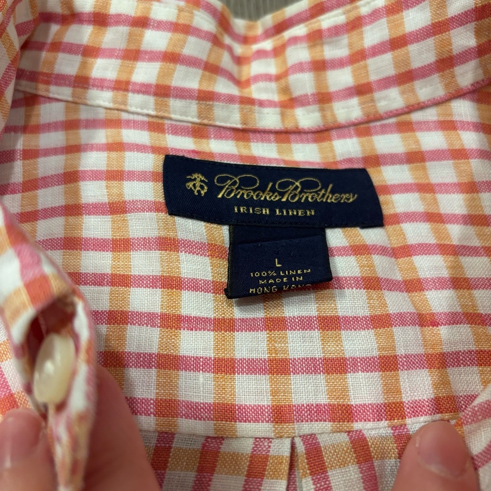 Brooks Brothers 100% Irish Linen Button Up SS Men’s Large Pink/Orange Check‎ - Picture 3 of 3